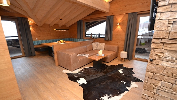 Stone veneer in the wellness and restaurant in Alpine hotel