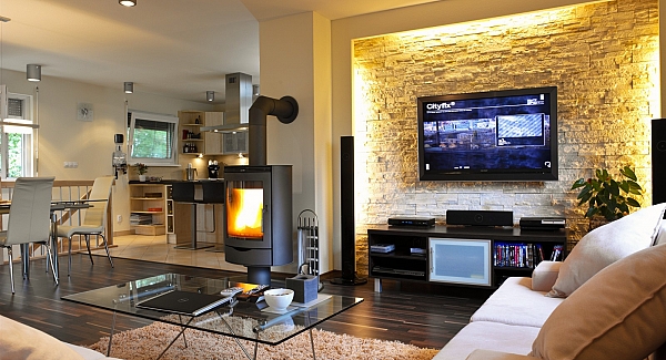 Stone behind TV
